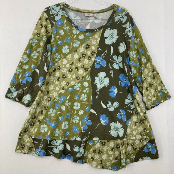 LOGO Lori Goldstein size 1X Green Blue Floral Ruffle Asymmetric Stretch Blouse - Picture 1 of 10